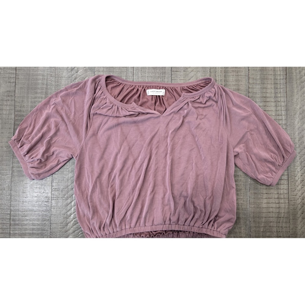 Lucky Brand Pink Scoop Neck Puff Short Sleeve Ruched Peasant Blouse S